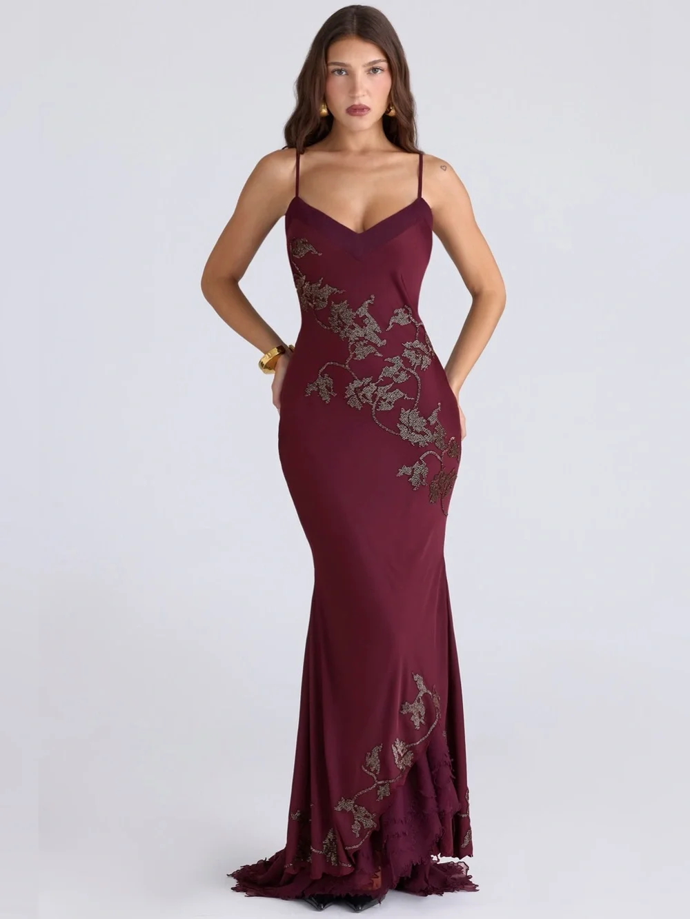 HOUSE OF CB ANASTELLE PLUM HAND BEADED EMBELLISHED SATIN MAXI GOWN SIZE S - Picture 1 of 14
